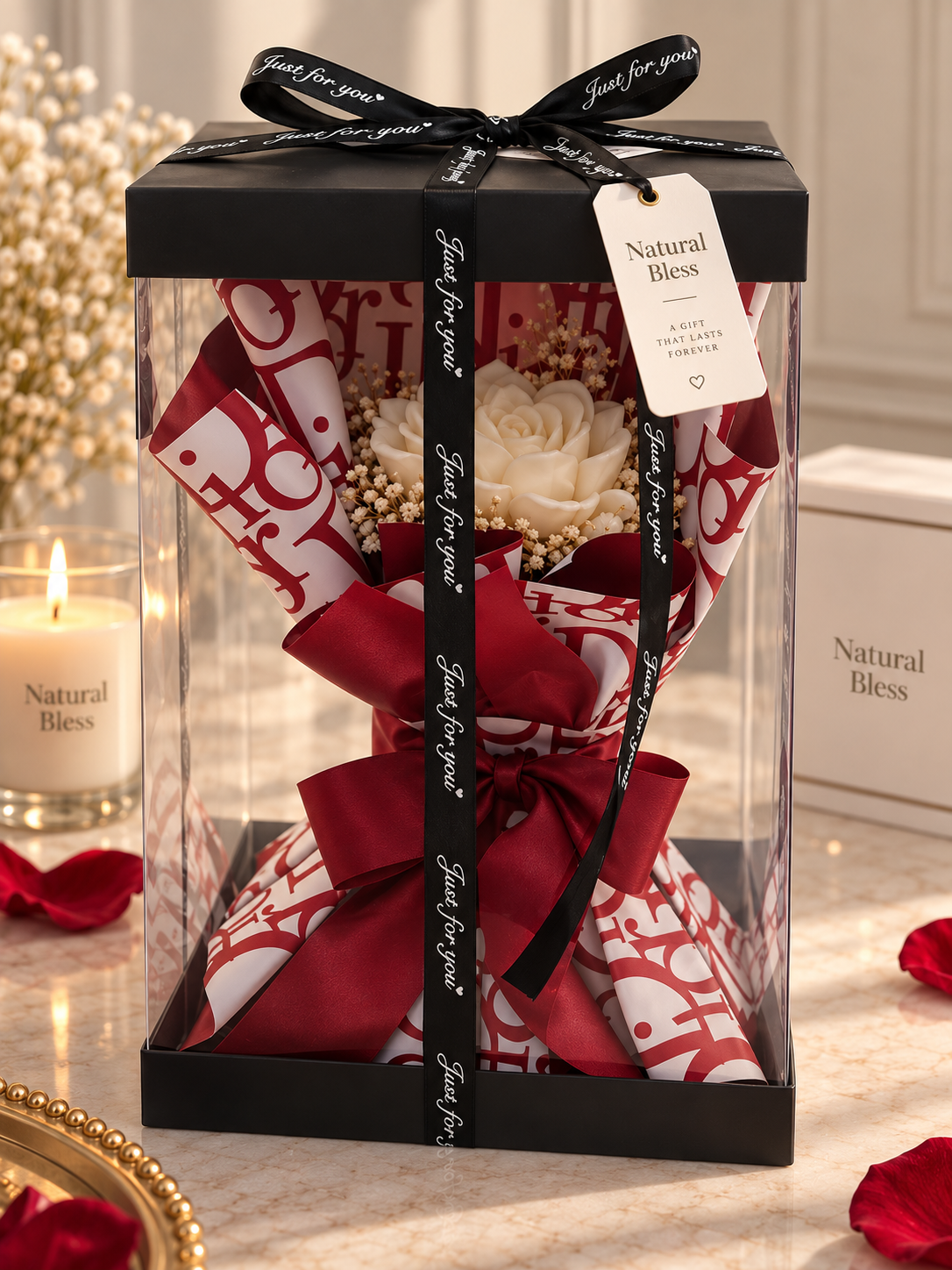 Solitário | white Peony Candle Bouquet Gift - Lavender