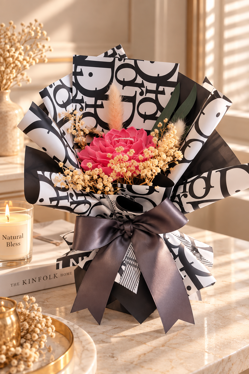 Solitário |  Pink Peony Candle Bouquet Gift – Rose Scent